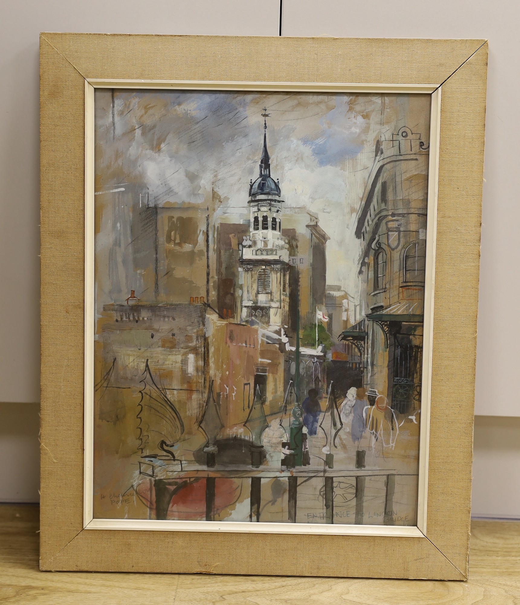 Hilda Chancellor Pope (1913-1976), watercolour and gouache, Entrance to London Bridge, signed, 42 x 32cm